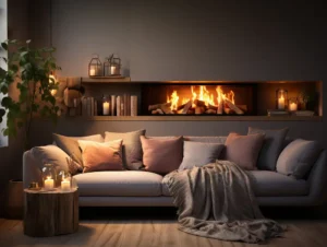A cozy living room with a lit bioethanol fireplace, a sofa adorned with multiple cushions, a blanket for extra warmth, candles casting a gentle glow, a potted plant bringing nature indoors, and bookshelves filled with literary treasures to enhance the space.