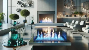 A modern living room featuring a sleek bioethanol fuel fireplace, geometric wall decor, plants, and minimalist furniture in light tones. The ambiance is enhanced by both natural light and soft indoor lighting.