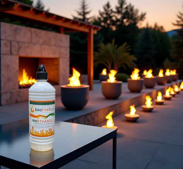Premium Bioethanol fuel bottle in outdoor scene