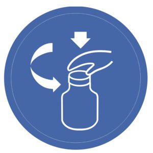 Child proof cap with easy pour nozzle pictogram