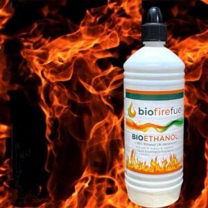 1 litre bottle of biofiefuel bioethanol with a fire background