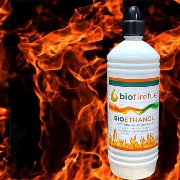 1 litre bottle of biofiefuel bioethanol fuel with a fire background